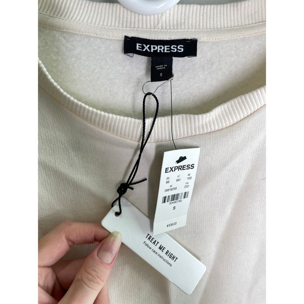 NEW Express Embellished Sweatshirt Womens S Ivory Rhinestone & Faux Pearl Crew - Picture 9 of 11